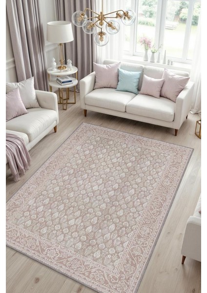 Yıkanabilir Dokuma Pamuk Tabanlı Kaymaz Tabanlı Salon Halısı, Krem Renkli Ince Detaylı Yıkanabilir Oturma Odası Halısı
