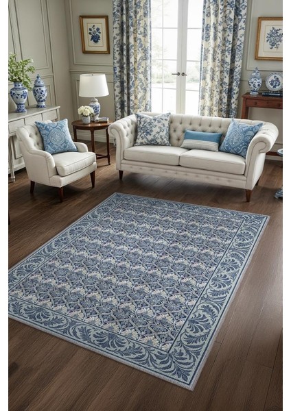 Yaprak Motifli 19.yüzyıl Temalı Mavi Lacivert Halı, Yıkanabilir Oturma Odası Halısı, Klasik Salon Halısı