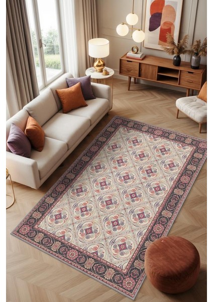 Bordürlü Vintage Tarz Barok Halı, Yıkanabilir Dokuma Pamuk Tabanlı Kaymaz Tabanlı Halı