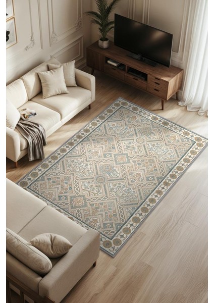 Vintage Bej Halı, Antik Deseneli Oturma Odası Halısı, Yıkanabilir Dijital Baskılı Halı