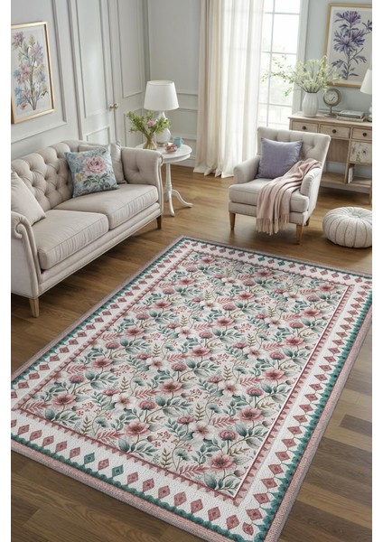Çiçekli Yeşil Pembe Halı, Pastel Oturma Odası Halısı, Yıkanabilir Vintage Halı