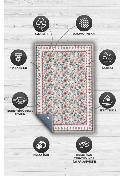 Çiçekli Yeşil Pembe Halı, Pastel Oturma Odası Halısı, Yıkanabilir Vintage Halı modelleri