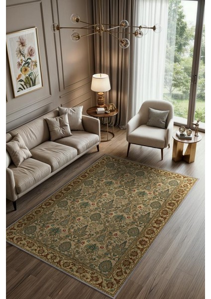 Damask Desenli Kalisk Oturma Odası Halısı, Makinede Yıkanabilir Çiçekli Madalyon Halı