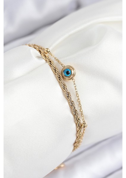 316L Çelik Nazar Boncuk Model Burgu Zincir Gold Renk Kadın Bileklik
