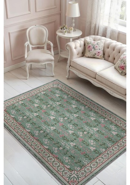 Pembe Yeşil Vintage Çiçekli Halı, Madalyon Bordürlü Yıkanabilir Oturma Odası Halısı
