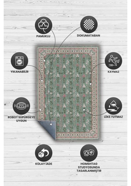 Pembe Yeşil Vintage Çiçekli Halı, Madalyon Bordürlü Yıkanabilir Oturma Odası Halısı modelleri