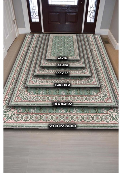 Pembe Yeşil Vintage Çiçekli Halı, Madalyon Bordürlü Yıkanabilir Oturma Odası Halısı fırsatları