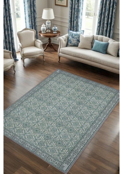 Min Yeşili Tonlu Mozaik Temalı Dekoratif Oturma Odası Halısı, Modern Salon Halısı, Makinede Yıkanabilir Halı