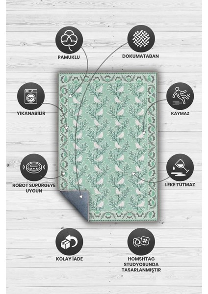 Oturma Odası Halısı, Kuş ve Ağaç Desenli Yeşil Halı, Maksimalist Ev Dekoru, Yıkanabilir Çocuk Odası Halısı modelleri