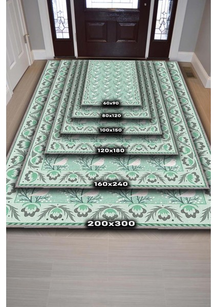 Oturma Odası Halısı, Kuş ve Ağaç Desenli Yeşil Halı, Maksimalist Ev Dekoru, Yıkanabilir Çocuk Odası Halısı fırsatları