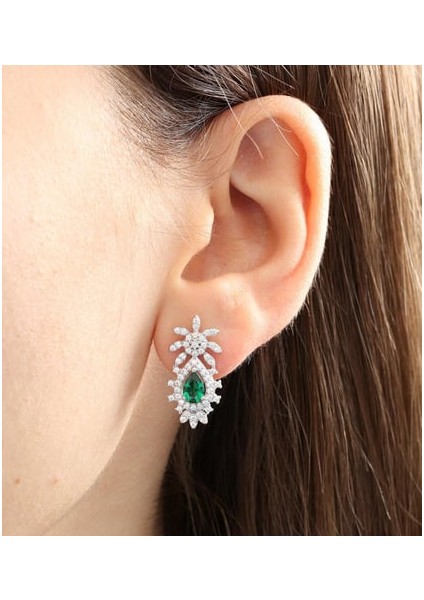 925 Ayar Sentetik Zümrüt Gümüş Küpe Effective Diamond Bereket Damlası Özel Hediye Paketli