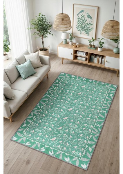 Kuş Motifli ve Yaprak Desenli Pastel Orman Yeişili Oturm Odası Halısı, Bağ Evi Dekoru, Yıkanabilir Sanatsal Halı