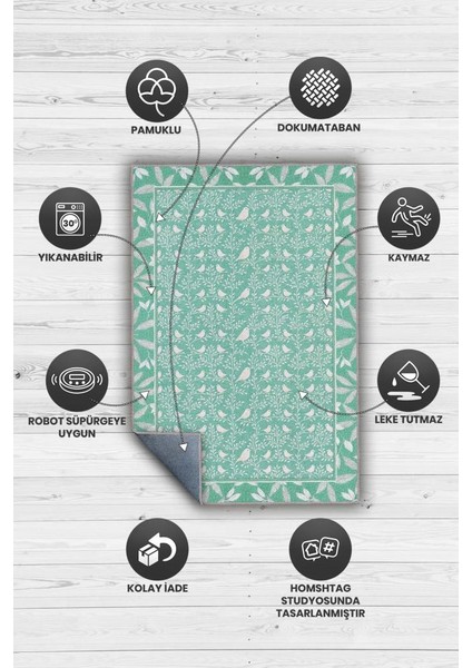 Kuş Motifli ve Yaprak Desenli Pastel Orman Yeişili Oturm Odası Halısı, Bağ Evi Dekoru, Yıkanabilir Sanatsal Halı modelleri