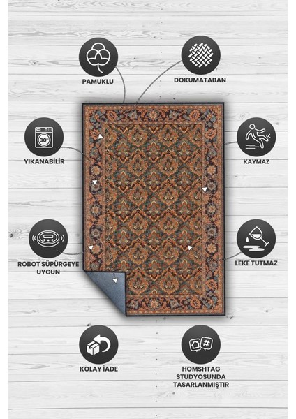 Yanık Turuncu Renkli Vintage Tarz Çiçek Desenli Salon Halısı, Turuncu Halı, Maksimalist Ev Dekoru, Yıkanabilir Halı modelleri