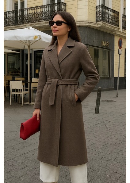 Kadın Comfort Kruvaze Trend Vizon Uzun Kaşe Kaban