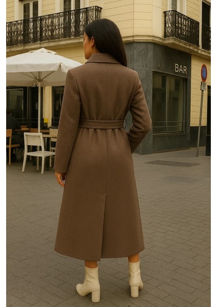 Kadın Comfort Kruvaze Trend Vizon Uzun Kaşe Kaban