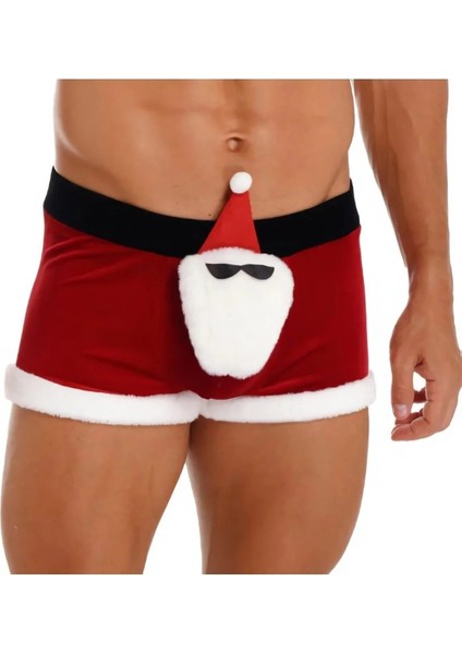 Erkek Kırmızı Kadife Noel Baba Figürlü Yılbaşı Boxer