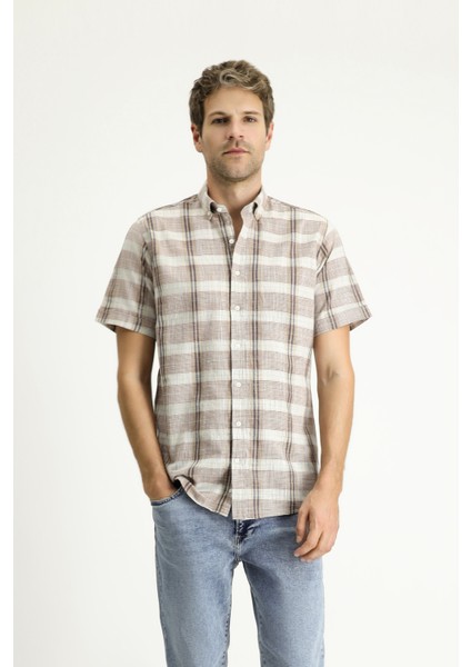 Kısa Kol Regular Fit Ekose Spor Pamuk Düğmeli Yaka Gömlek
