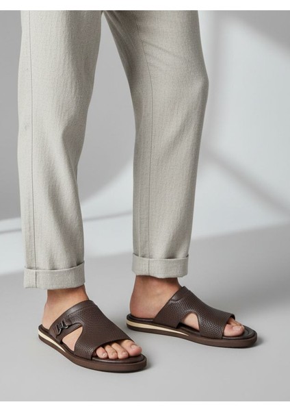 Puglia H2508 Hafif Tasarım Konfor Hasır Desen Baskı Hakiki Deri Kahverengi Erkek Terlik