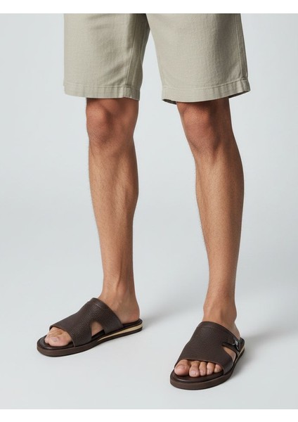 Puglia H2508 Hafif Tasarım Konfor Hasır Desen Baskı Hakiki Deri Kahverengi Erkek Terlik