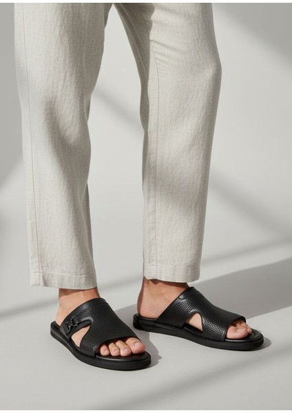 Puglia H2508 Hafif Tasarım Konfor Hasır Desen Baskı Hakiki Deri Siyah Erkek Terlik