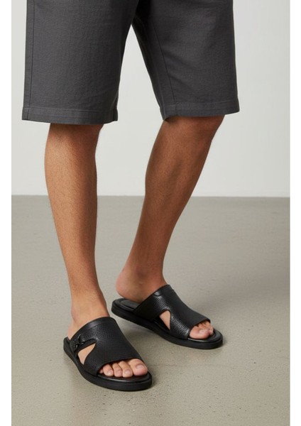 Puglia H2508 Hafif Tasarım Konfor Hasır Desen Baskı Hakiki Deri Siyah Erkek Terlik