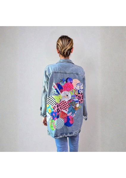 Patchwork Detaylı Uzun Denim Ceket, Kadın Kot Ceket, Mavi Kot Ceket