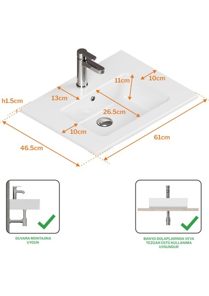 Sistema T-Flat Slim Ince Formlu Lavabo 61 x 46,5 cm Beyaz fırsatları