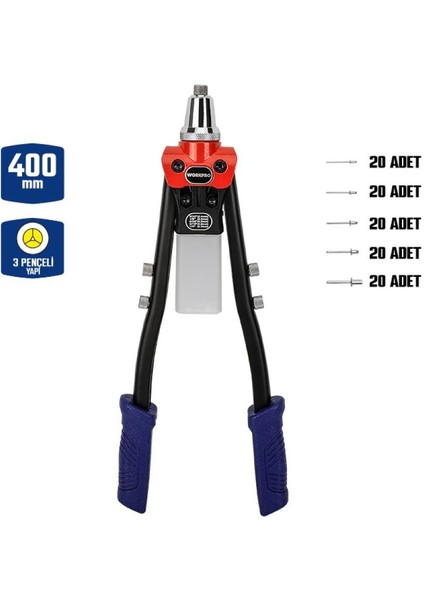 WP225001 5 In 1 400MM Kollu Profesyonel Perçin Tabancası + 100 Adet Perçin