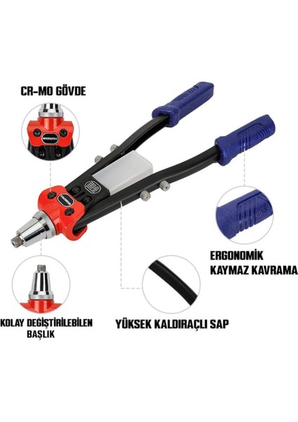 WP225001 5 In 1 400MM Kollu Profesyonel Perçin Tabancası + 100 Adet Perçin fiyatları