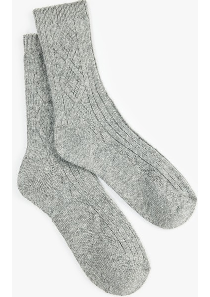 Kalın Koyun Yünü Karışımlı Baklava Desenli Dokulu Soket Çorap