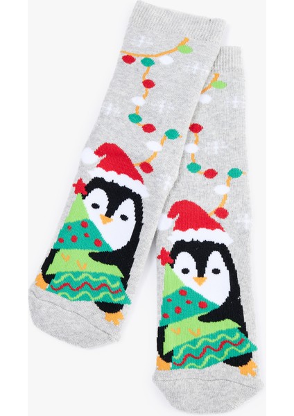 Penguen Desenli Yılbaşı Çorabı