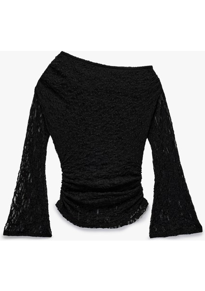 Asimetrik Yaka Uzun Ispanyol Kollu Slim Fit Drapeli Dantel Tişört