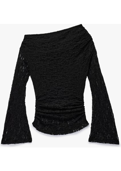 Asimetrik Yaka Uzun Ispanyol Kollu Slim Fit Drapeli Dantel Tişört fiyatları
