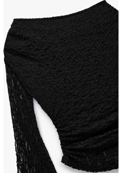 Asimetrik Yaka Uzun Ispanyol Kollu Slim Fit Drapeli Dantel Tişört modelleri