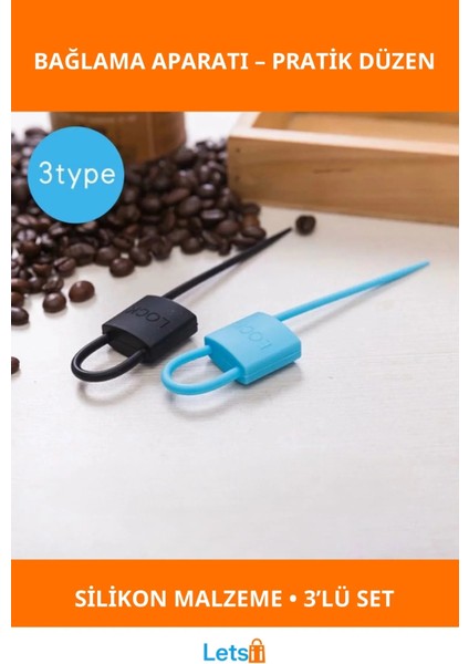 Kilit Şeklinde Esnek Dayanıklı Silikon Kablo ve Poşet Bağlama Aparatı 3'lü Set