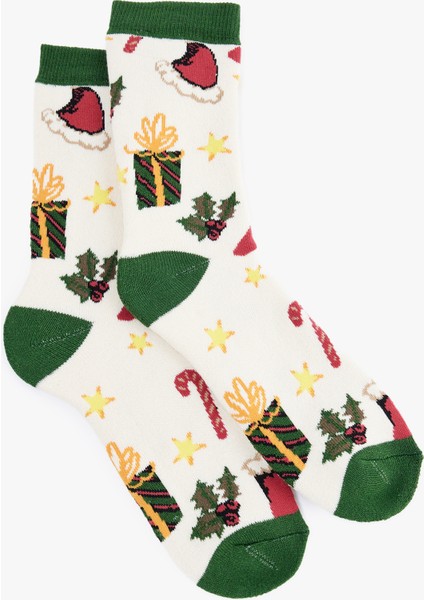 Renk Kontrastlı Pamuklu Soket Havlu Yılbaşı Çorabı