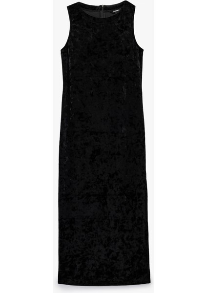 Midi Boy Kolsuz Yuvarlak Yaka Kadife Elbise