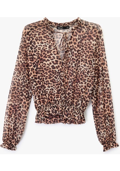 Rahat Kalıp Uzun Kollu Gipeli Bağlamalı Yaka Leopar Desenli Tül Bluz