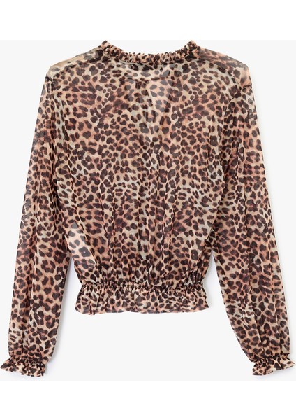 Rahat Kalıp Uzun Kollu Gipeli Bağlamalı Yaka Leopar Desenli Tül Bluz fiyatları