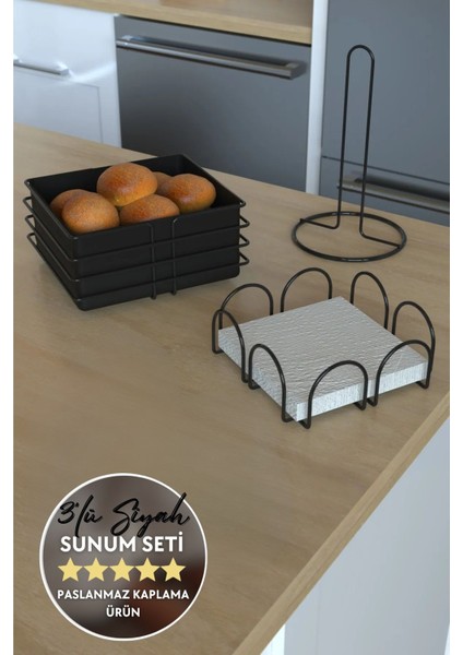 Siyah 3'lü Avantajlı Set, Kare Ekmeklik, Dik Rulo Havluluk,kare Peçetelik