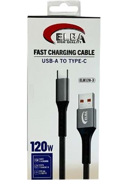 ELB120-3 120W Usbc Type-C To USB 1mt Siyah Örgülü Şarj Kablosu ( Data Veri )