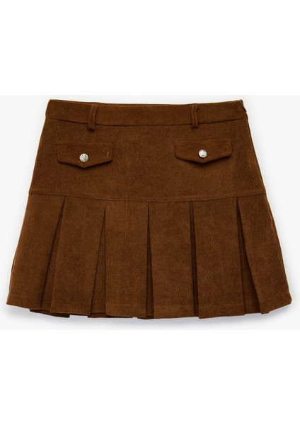 Metal Aksesuarlı Cep Detaylı Kalın Piliseli Mini Etek