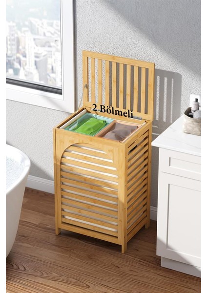 Çamaşır Sepeti 85L Bambu Ahşap Çamaşır Sepeti, Kapaklı ve Saplı, Çıkarılabilir Astarlı, Doğal, Büyük