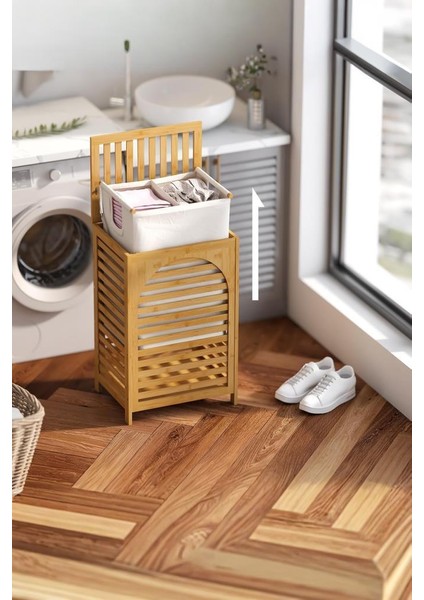 Çamaşır Sepeti 85L Bambu Ahşap Çamaşır Sepeti, Kapaklı ve Saplı, Çıkarılabilir Astarlı, Doğal, Büyük fırsatları