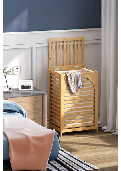 Çamaşır Sepeti 85L Bambu Ahşap Çamaşır Sepeti, Kapaklı ve Saplı, Çıkarılabilir Astarlı, Doğal, Büyük indirimleri