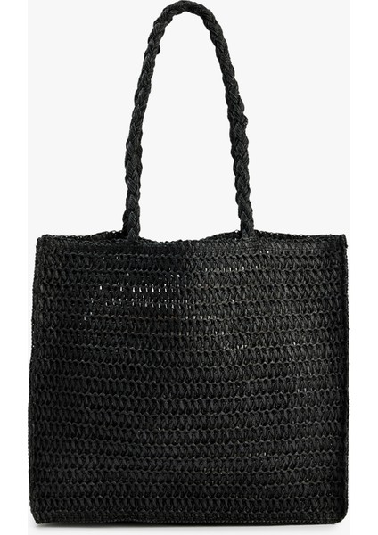 Saplı Örgü Hasır Tote Çanta