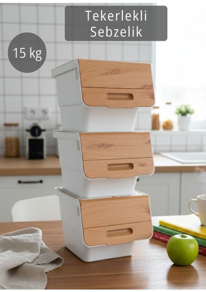 3’lü Tekerlekli Sebzelik Patates Soğan Sepeti Soğanlık Organizer Kutu Bambu Beyaz Desen 36 Lt