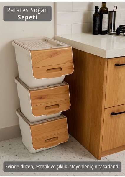 3’lü Tekerlekli Sebzelik Patates Soğan Sepeti Soğanlık Organizer Kutu Bambu Beyaz Desen 36 Lt fiyatları