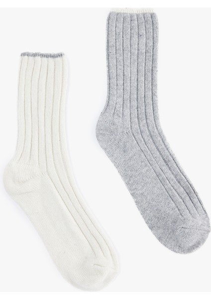 Koyun Yünü Karışımlı Çizgili 2'li Kalın Soket Çorap Seti